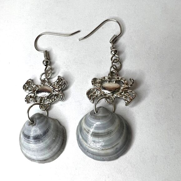 Dangle Earrings Genuine Handcrafted Seashell Crab Shades of Blue Gray Coastal - Picture 1 of 10